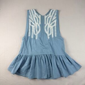 Free People Blue Lace Applique Babydoll Sleeveless Top Button Back Peplum Small